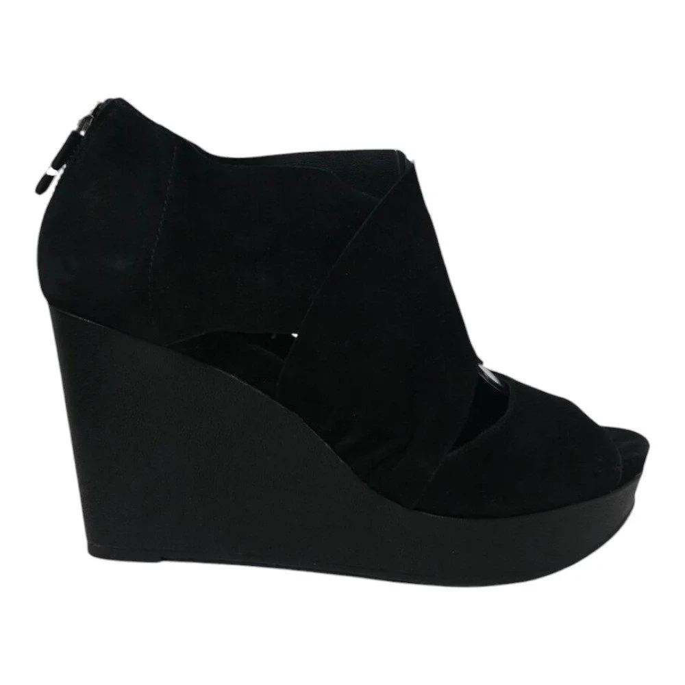Eileen Fisher Willow Wedge Sandals Women Size 9 Black Suede Platform Crossover